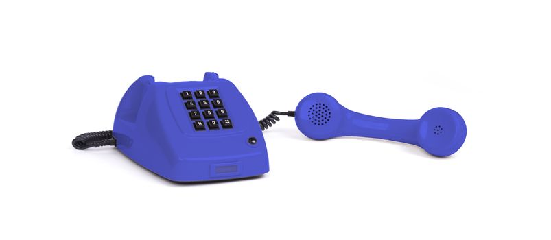 Vintage blue telephone with a white background