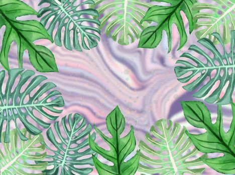 Watercolor illustration of tropical leaves beautiful monstera leaves border frame template on marbled background with place for text.