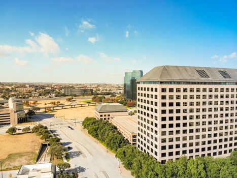 Aerial drone view downtown Las Colinas, an upscale, developed area in the Dallas suburb, Texas, USA