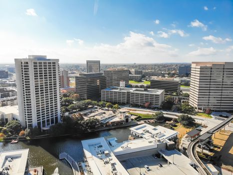 Top view waterfront downtown Las Colinas, an upscale, developed area in the Dallas suburb, Texas, USA