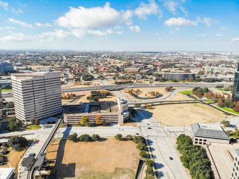 Aerial view downtown Las Colinas, Irving, Texas and light rail system (Area Personal Transit, APT). Las Colinas is an upscale, developed area in the Dallas suburb