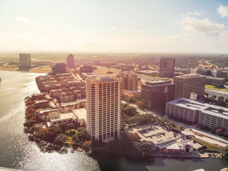 Top view waterfront downtown Las Colinas, an upscale, developed area in the Dallas suburb, Texas, USA