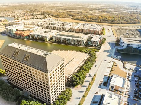 Top view waterfront downtown Las Colinas, an upscale, developed area in the Dallas suburb, Texas, USA