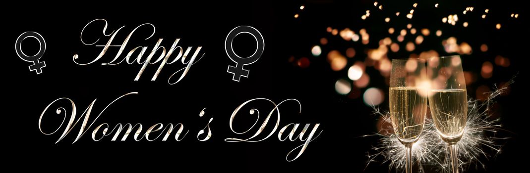 Card Happy Women's Day with two champagne glasses and women's signs on black background
