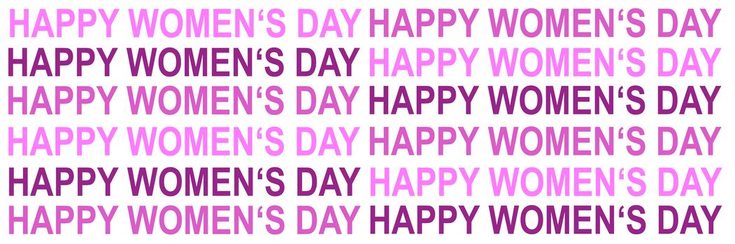 Illustration card with text HAPPY WOMEN'S DAY in pink and purple colors on white background