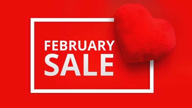 Happy Valentines Day Sale Promo Web Banner. Top view on composition with hearts on red background. Seasonal Discount Offer - February sale