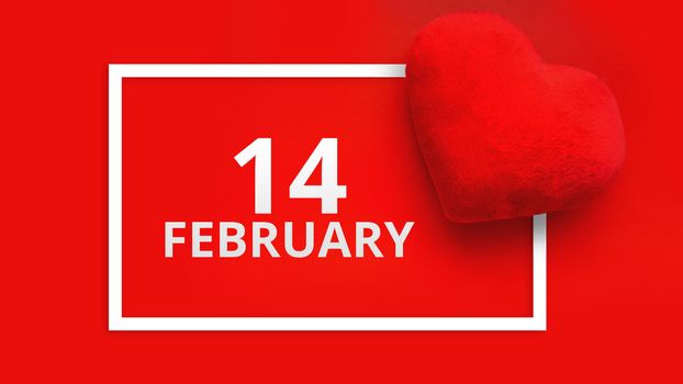 Valentines day background with soft toy heart on red background. Top view. For banner, cards design