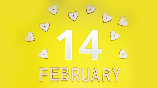 Valentines day background with hearts on yellow background - 14 february. Top view. For banner, cards design