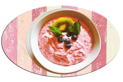 Healthy protein breakfast, quark dip, linseed oil with omega 3, fresh fruits and rustic wholemeal bread with tomatoes on a kitchen board, healthy and concentrated meal with natural food