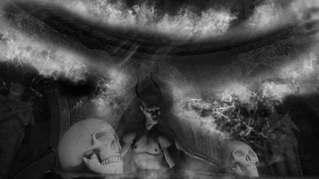 Fallen angel satan in a crypt with skulls - 3d rendering