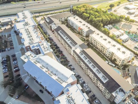 Aerial view modern apartment complex community in uptown Dallas, Texas, USA