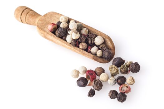 Black Pepper on Wood Spoon Isolated on White Background