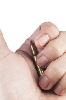 Hand Holding Single Rifle Bullet Isolated On White Background