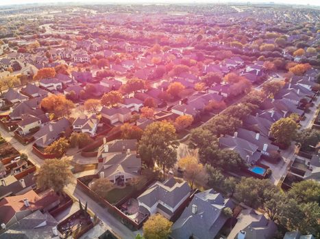 Aerial drone view urban sprawl in suburban Dallas, Texas during fall season with colorful leaves. Flyover subdivision with row of single-family detached houses and apartment complex