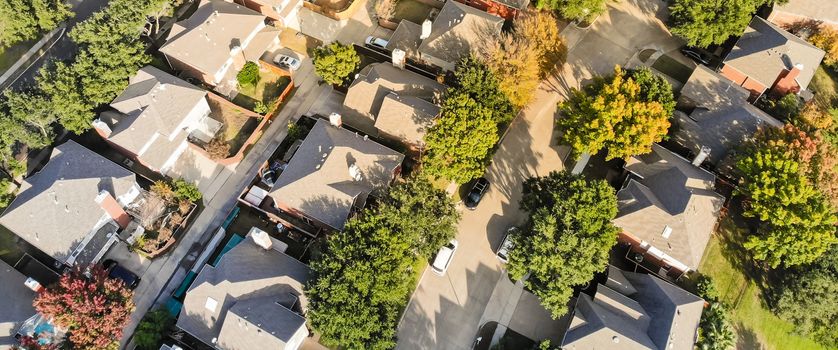 Panorama aerial drone view row of single-family detached house in residential area with colorful autumn leaves. Straight down view of suburban subdivision near Dallas, Texas, USA