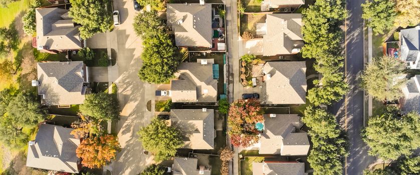 Panorama aerial drone view row of single-family detached house in residential area with colorful autumn leaves. Straight down view of suburban subdivision near Dallas, Texas, USA