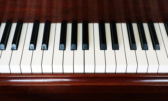 Closeup of old piano white and black keys as background