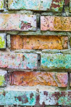 Old grunge colored brick wall background. Vertical brickwork decor backdrop. Architecture texture design