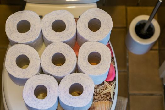 white toilet paper rolls in a pattern on the water closet seat, interior of a bathroom