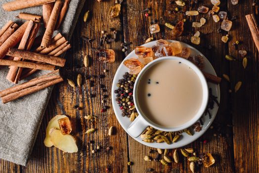 Cup of Masala Tea with Spices. View from Above.