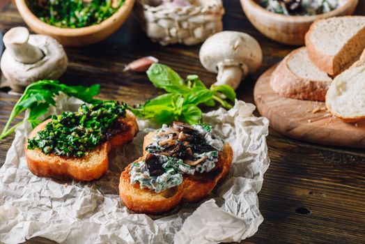 Italian Tasty Bruschettas with Mushroom and Greens