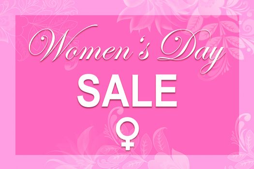 Pink illustration card with textg Women's Day SALE and women's sign