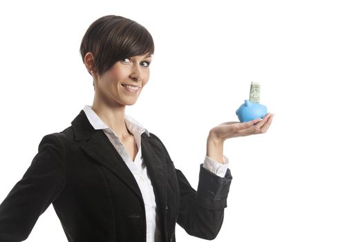 young business woman with a piggy bank