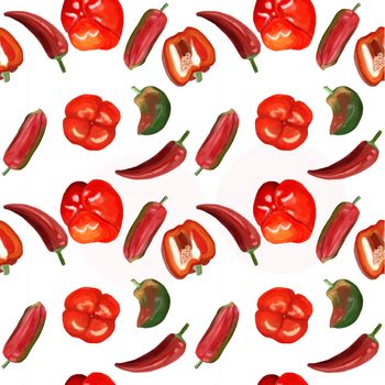 watercolor pattern of red and green sweet peppers and red hot chili peppers. Bell peppers paprika  pattern at white background illustration.
