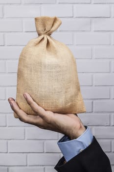 Hand holding a sack of money and white brick background