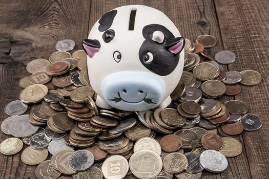 Piggy bank and coins on wood table