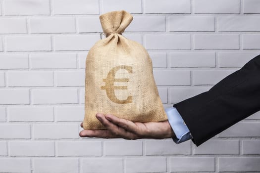 Hand holding a sack of money and white brick background