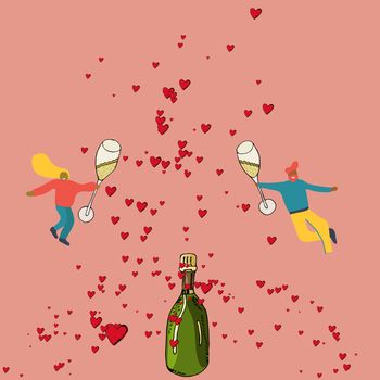 Tiny couple holding glasses with drink for romantic celebration. Red hearts covering couple. 