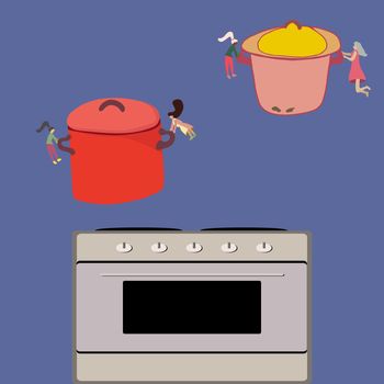 Tiny people holding giant pots. Cute illustration of food preparation. 