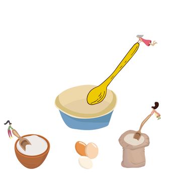 Cartoon illustration of small female mixing food.