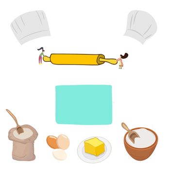 Tiny cute chefs preparing foor, Flour sack, sugar bowl, butter portion and three eggs illustration. 