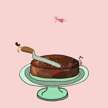 Small women icing a tasty chocolate cake. Vector Illustration. 