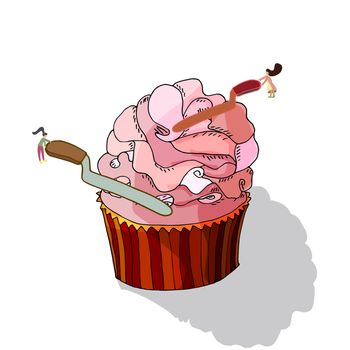 Small women spreading cream on a giant tasty cupcake. Vector Illustration. 