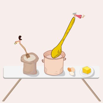 Cute vector illustration tiny women preparing food indoors. Flour sack, pot, spoons, eggs and butter portion on cooking table.  