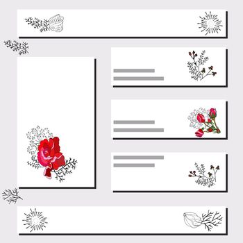 Card templates with red rose and 
cute black rose silhouette. Design for romantic announcements, greeting cards, posters, advertisement. Vector
