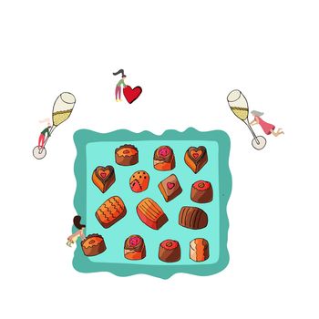 Tiny women preparing romantic set for valentine with chocolate, red heart, chocolates on tray and two glasses of champagne. 