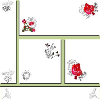 Card templates with red rose and black sweet pea silhouette. Design for romantic announcements, greeting cards, posters, advertisement. Vector
