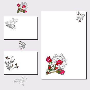 Cards set with red rosebuds and black sweet pea silhouette. Floral templates for romantic design, announcements, greeting cards, posters, advertisement. Vector
