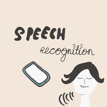 Female giving voice command to a smart device. Speech recognition. 