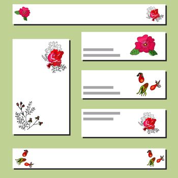 Collection of floral templates with red rose and rosehip. Design for romantic announcements, greeting cards, posters, advertisement. Vector
