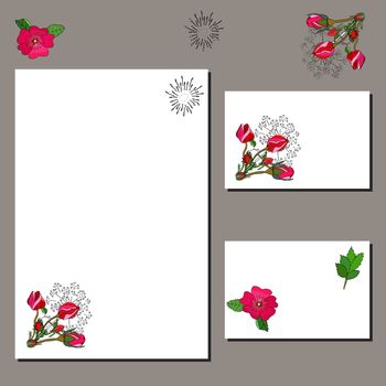 Floral card templates with red rosebuds and wild rose. Cue design for romantic announcements, greeting cards, posters, advertisement. Vector
