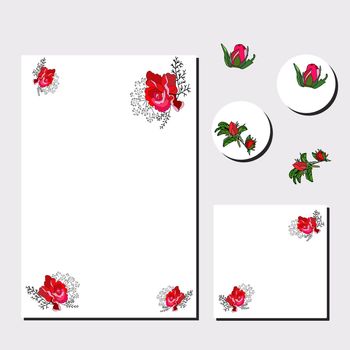 Set of cards with red roses for romantic design, announcements, greeting cards, posters, advertisement. Vector