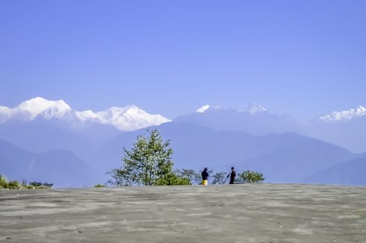 Beautiful view of White snowy tops of Himalayan mountain range in morning. ( Kanchanjungha range from dzongri pass sikkim near Pelling Helipad) Its a popular tourist destination place of north India.