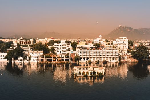 Tranquil view of reflection on water of "JAL MAHAL", famous historical architectural palace of Jaipur City, Rajasthan, India, Asia