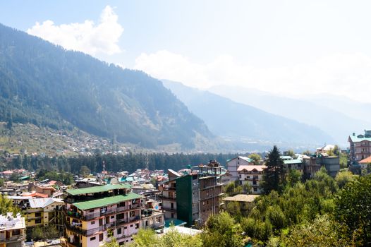 Landscape view of Manali City, Himachal Pradesh, Kullu, India.