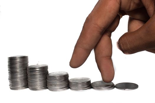 Business man putting fingers on coin and looking for profit growth up, Collecting money with earning bank deposit interest. Business ideas concept isolated white background.